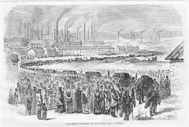Schwarz-weiß-Zeichnung von Menschen vor einer Fabrik mit Häusern und Rauch aus Schornsteinen, betitelt "coal-mine disaster in England the final" unten.