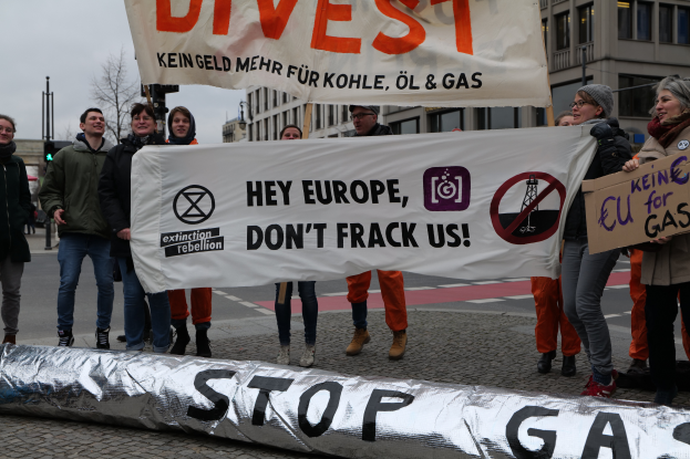 Eine Gruppe von Menschen auf einer Straße mit einer "Stoppt Gas"-Plakette und verschiedenen Schildern, mit Gebäuden, Bäumen, Pfählen, Verkehrszeichen und einem klaren blauen Himmel im Hintergrund.