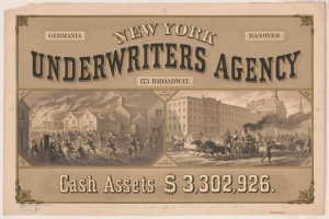 Eine Werbeanzeige aus den 50er Jahren für die New York Underwriters Agency, die Illustrationen von Menschen, Pferden und Gebäuden zeigt und die Dienstleistungen der Agentur bewirbt.