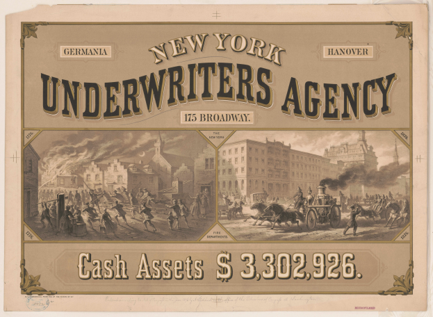 Eine Werbeanzeige aus den 50er Jahren für die New York Underwriters Agency, die Illustrationen von Menschen, Pferden und Gebäuden zeigt und die Dienstleistungen der Agentur bewirbt.