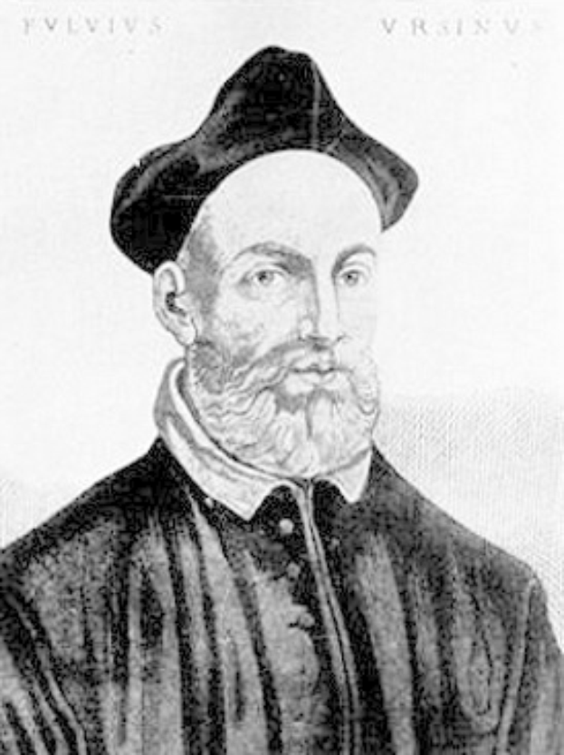 Schwarze und weiße Zeichnung eines bärtigen Mannes in einem schwarzen Gewand und Hut, identifiziert als Gründer der katholischen Kirche.