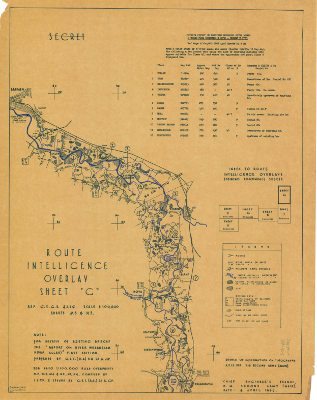Ein detailliertes Routen-Intelligenz-Overlay-Blatt C, das Straßen, Autobahnen und Text mit Informationen zu Städten und Dörfern entlang der Route anzeigt.