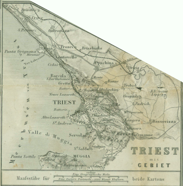 Ein detaillierter alter Stadtplan der Triest-Region in Deutschland, der geographische Merkmale wie Flüsse, Berge und Städte zeigt, mit begleitendem Text, der Informationen über die Region und ihre Bewohner liefert.