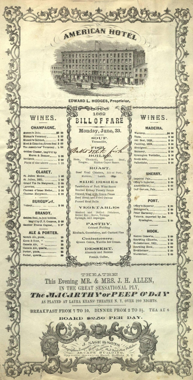 Ein abgenutztes amerikanisches Hotelmenü aus dem Jahr 1862 mit einer Gebäudeillustration auf dem Cover, das gedruckte Texte der Speisenangebote enthält.