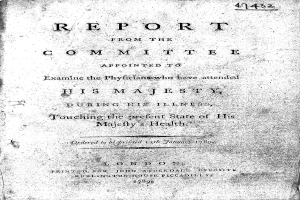 Ein altes Buch mit dem Titel "Bericht der Kommission, die die Über den Gesundheitszustand Seiner Majestät berichteten" auf dem Cover.