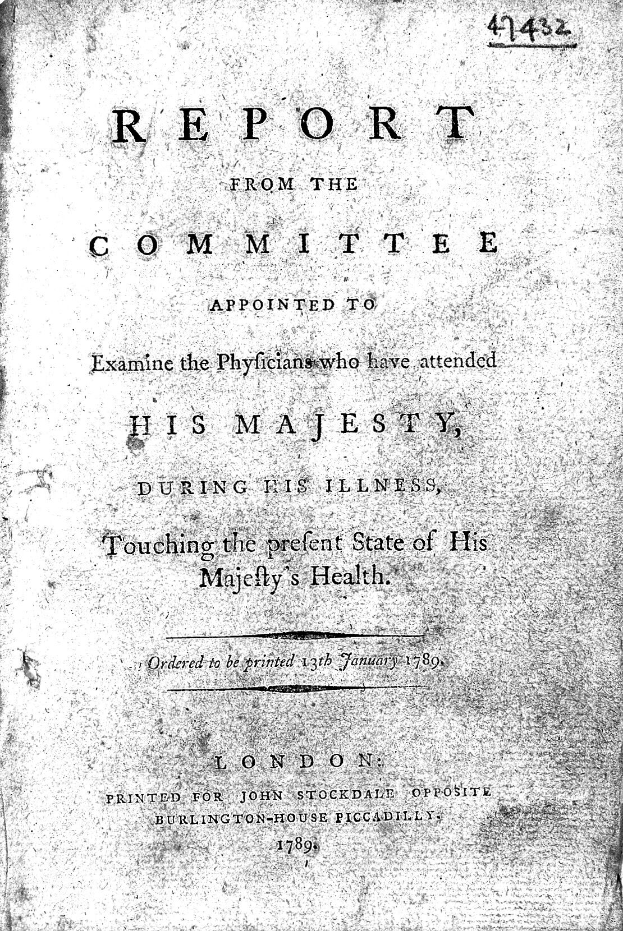 Ein altes Buch mit dem Titel "Bericht der Kommission, die die Über den Gesundheitszustand Seiner Majestät berichteten" auf dem Cover.