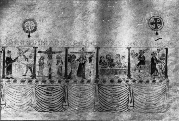 Eine Schwarz-Weiß-Zeichnung einer Gruppe von Menschen auf einer Bühne, die besorgt wirken und einige nach oben in Angst und andere nach unten in Verzweiflung schauen, vor einer leeren Wand mit einem Vorhang unten.