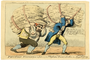 Zwei Karikaturen-Männer kämpfen um ein großes Blatt Papier mit Text darauf, was auf eine hitzige Diskussion hinweist.