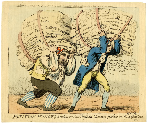 Zwei Karikaturen-Männer kämpfen um ein großes Blatt Papier mit Text darauf, was auf eine hitzige Diskussion hinweist.