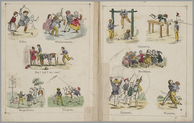 Offenes Buch mit Illustrationen von Menschen beim Sport wie Laufen, Springen und Ballspielen, jeweils begleitet von beschreibendem Text.