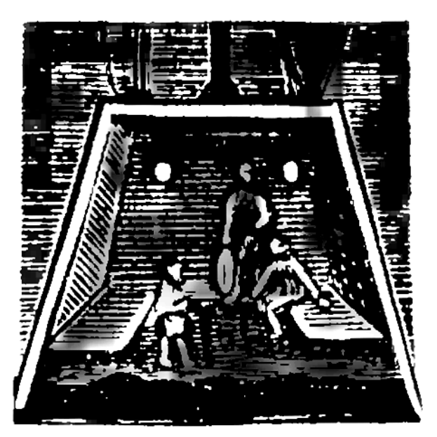 Eine Schwarz-Weiß-Zeichnung eines Fussballspiels im Gange, die zwei Spieler in Uniformen zeigt, mit einem Torpfosten im Eck.