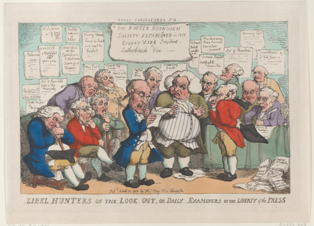 Eine Karikatur einer Gruppe von Menschen, die um einen Tisch sitzen und Papiere halten, betitelt mit "Libel Hunters on the Look Out, or Daily Examiners of the Liberty of the Press".