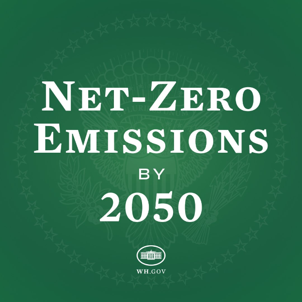 Weißer fetter Text auf grünem Hintergrund, der "netto-null-Emissionen bis 2050" lautet.