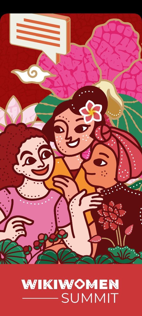 Plakat für den Wikiwomen Summit 2019 mit drei Frauen umgeben von Blumenarrangements und dem Ereignisnamen unten.