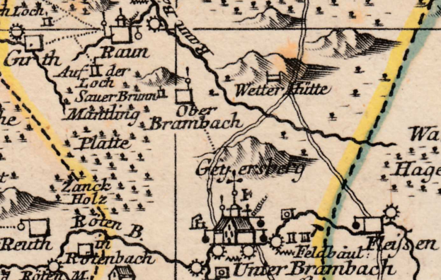 Ein detaillierter alter Stadtplan von Brambach, Deutschland, mit Straßen, Gebäuden, Sehenswürdigkeiten, Illustrationen von Häusern und Bergen.