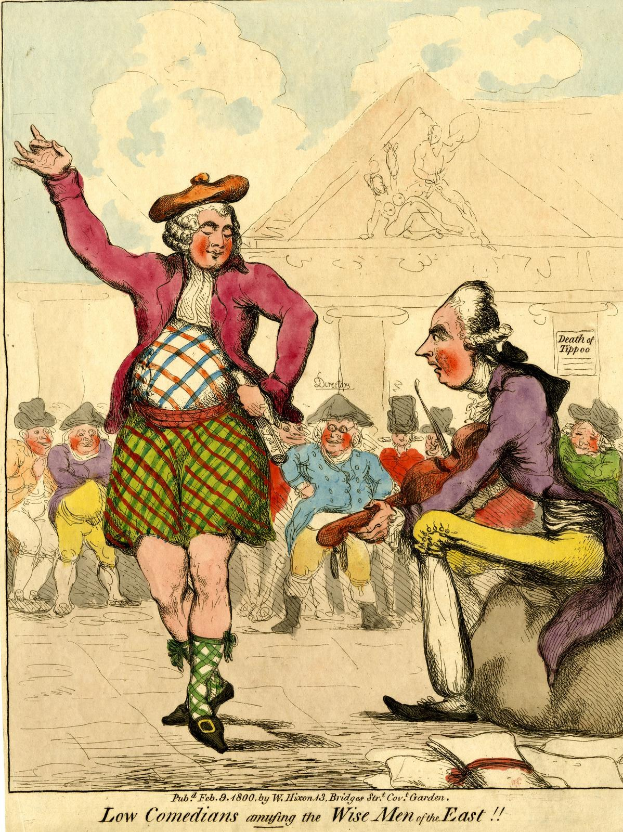 Zeichnung eines Mannes in einem Kilt und einer Frau in einem Kleid, die vor einem Publikum auf einer Bühne stehen, mit einem Gebäude im Hintergrund und Wolken am Himmel, mit der Bildunterschrift 'Niedrige Komiker amüsieren die weisen Männer des Ostens' unten.