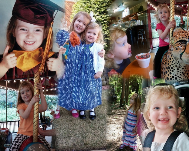 Ein Collage-Bild mit Vergnügungspark-Fahrgeschäften, einem Tisch mit Essensgegenständen einschließlich einer Tasse und eines Löffels, verschiedenen Gegenständen, Lichtern, einer Wand, Büschen, Bäumen, Gras, einem Seil und einem Hut.