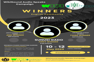 Ein buntes Plakat mit einem blauen Hintergrund und gelben und weißen Buchstaben, die in fetter Schrift "Gewinner" bilden, zeigt lachende Menschen in der Mitte.