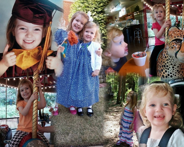 Collage mit lustigen Fahrgeschäften, Kindern an einem Tisch mit Essen, Besteck, Umgebungsbeleuchtung, Grünzeug, einem Seil und einem Hut.