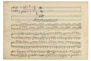 Ein altes Notenblatt mit handgeschriebenen Notizen und Text auf altem Papier.