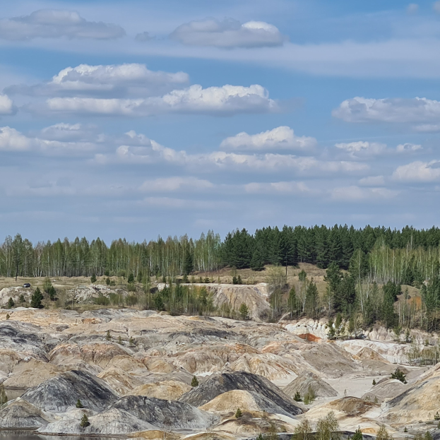 Ein großer Wasserlauf umgeben von Bäumen und Felsen unter einem bewölkten Himmel, das Yellowstone National Park's natürliche Schönheit darstellt.