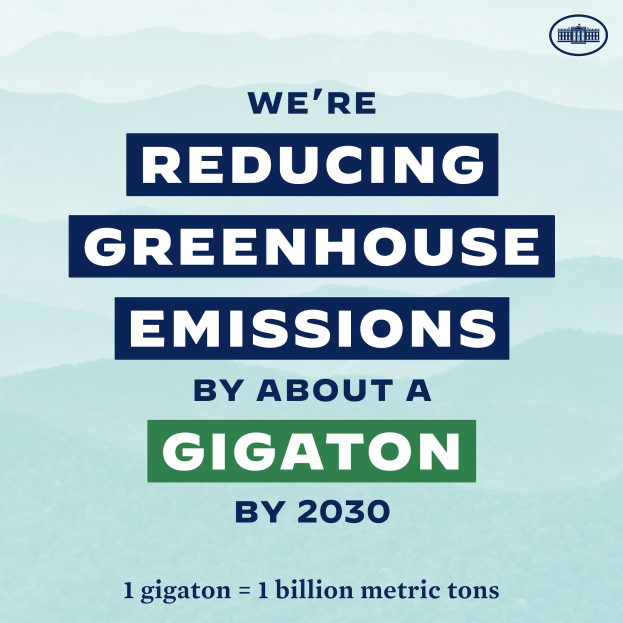 Plakat mit der Aufschrift "Wir reduzieren die Treibhausgasemissionen um etwa eine Gigatonne bis 2030" mit einem Logo, das für eine signifikante Reduzierung der Treibhausgase bis 2030 wirbt.