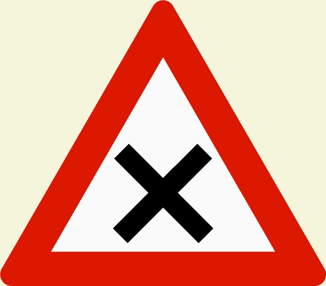 Rotes und weißes dreieckiges Warndreieck mit einem schwarzen Kreuz, das eine mögliche Überquerungsgefahr anzeigt.