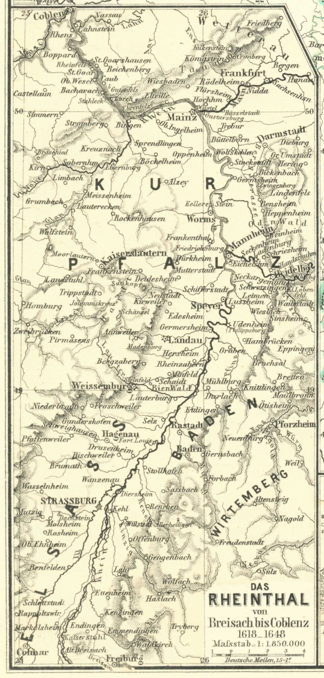Detailierte alte Karte des Rheins in Deutschland, die Flüsse, Städte und Gewässer zeigt, mit Text oben und unten, der geografische Informationen bereitstellt.