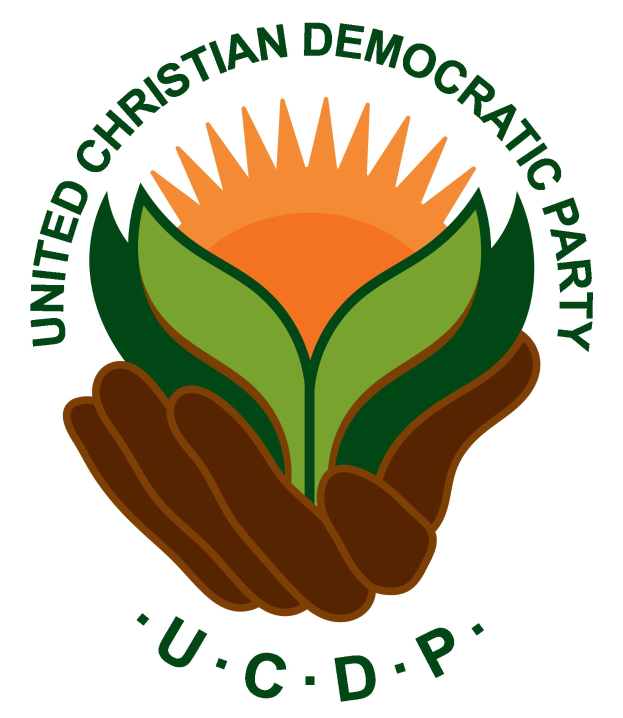 Logo der Vereinigte Christdemokratische Partei (UCDP) mit einer Hand, die eine leuchtend gelbe Blume mit einem grünen Stiel und Blättern hält, in der Mitte eines blauen und gelben Kreises auf einem weißen Hintergrund, mit der schwarzen Schrift 'UCDP' darunter.