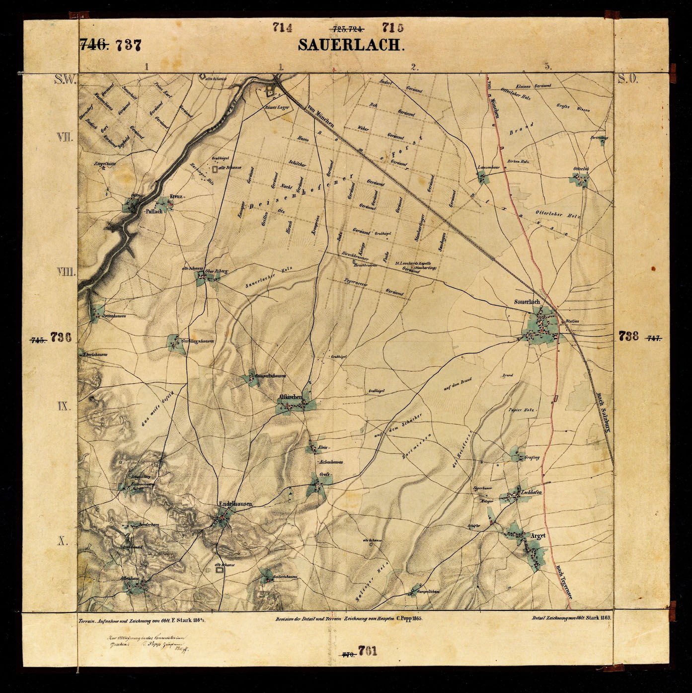 Detailiertes altes Stadtplan von Sauerlach, Deutschland, mit Straßen, Gebäuden und anderen Merkmalen auf einem schwarzen Hintergrund.