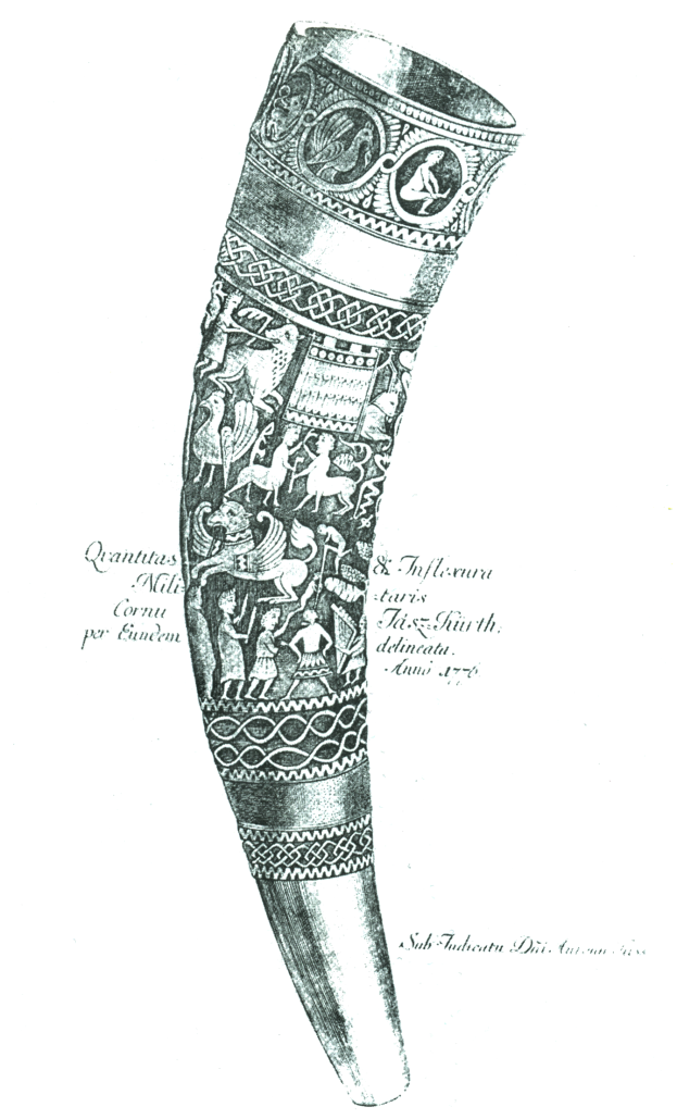 Eine Zeichnung eines Horns mit detaillierten Gravuren und Text auf einem weißen Hintergrund.