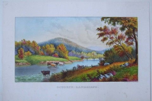 Ein Bild namens 'Oktobertischlandschaft' von William KÜNSTLER, das Kühe zeigt, die auf einer Wiese neben einem Fluss grasen, umgeben von Bäumen, Hügeln und einer Brücke, mit Text unten.