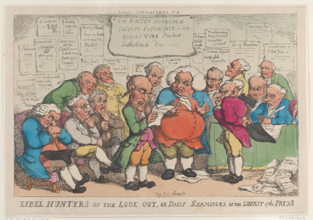 Gruppe von Menschen um einen Tisch mit Papieren und Gegenständen, einer Person hält ein Papier, mit Text unten lesbar "Libel Hunters on the Look Out, or Daily Examiners of the Liberty of the Press".