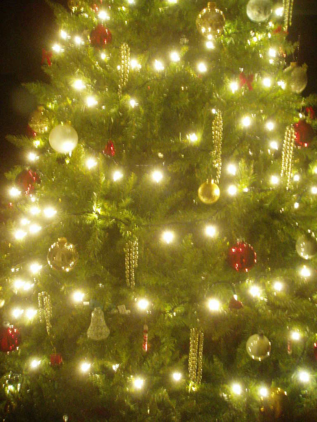 Ein Weihnachtsbaum geschmückt mit Lichtern, Kugeln und verschiedenen Verzierungen.