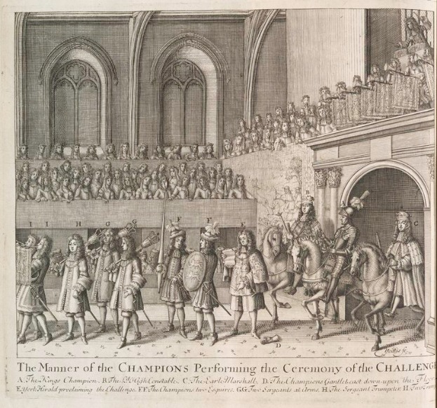 Eine Zeichnung einer Gruppe von Menschen, einige zu Pferd, vor einer Menge und einem Gebäude, mit Text unten, der "Die Art und Weise, wie die Champions die Herausforderungszeremonie durchführen" lautet.