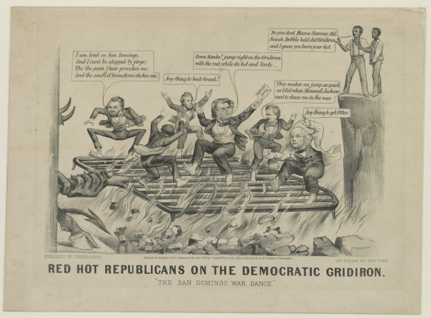 Politischer Cartoon, der rote Figuren in Not auf einem Gridiron zeigt mit fetter schwarzer Schrift.