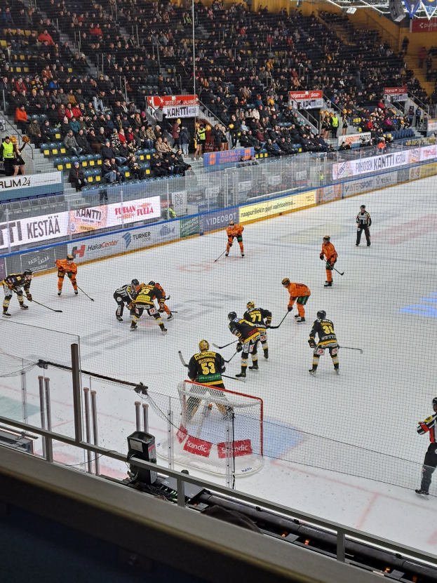 Gruppe von Menschen, die Hockey auf einer Indoor-Eisbahn mit Netz und Umzäunung spielen, Zuschauern im Hintergrund, Bannern und Überdachungsbeleuchtung.