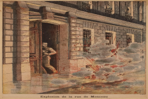 Ein Mann steht in der Tür eines Gebäudes, aus der Rauch austritt, und ein Text am unteren Rand lautet "explosion de la rue de monceau".