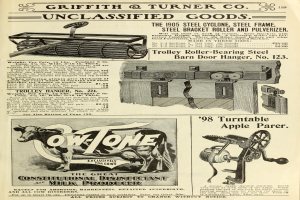 Eine alte Werbung mit einer zentralen Kuh, einer Maschine zu beiden Seiten und fettem Text, der von einem dekorativen Rahmen umgeben ist.