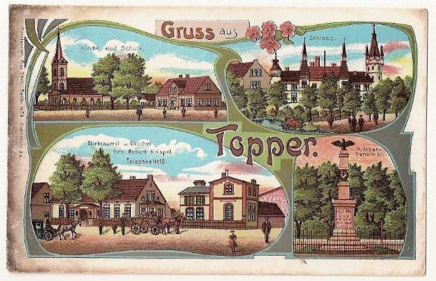 Alte Ansichtskarte mit einem deutschen Dorf mit Gebäuden, Bäumen, Menschen, Wagen, einer Statue, einem Zaun und einem bewölkten Himmel, mit handgeschriebener Text auf der Vorderseite.