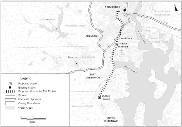 Schwarze und weiße Karte einer Stadt mit einem Fluss, beschriftet mit "Vorgeschlagenes S-Bahn-Projekt" auf der linken Seite, zeigt Straßen, Autobahnen und Stadtmerkmale.