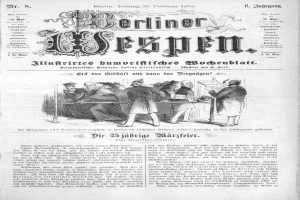 Eine alte Zeitung mit dem Titel "Berliner Wespen" vom 21. Februar 1873, die eine Gruppe von Menschen in traditioneller deutscher Kleidung zeigt, die sich unterhalten.