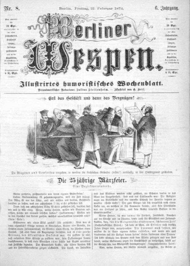 Eine alte Zeitung mit dem Titel "Berliner Wespen" vom 21. Februar 1873, die eine Gruppe von Menschen in traditioneller deutscher Kleidung zeigt, die sich unterhalten.