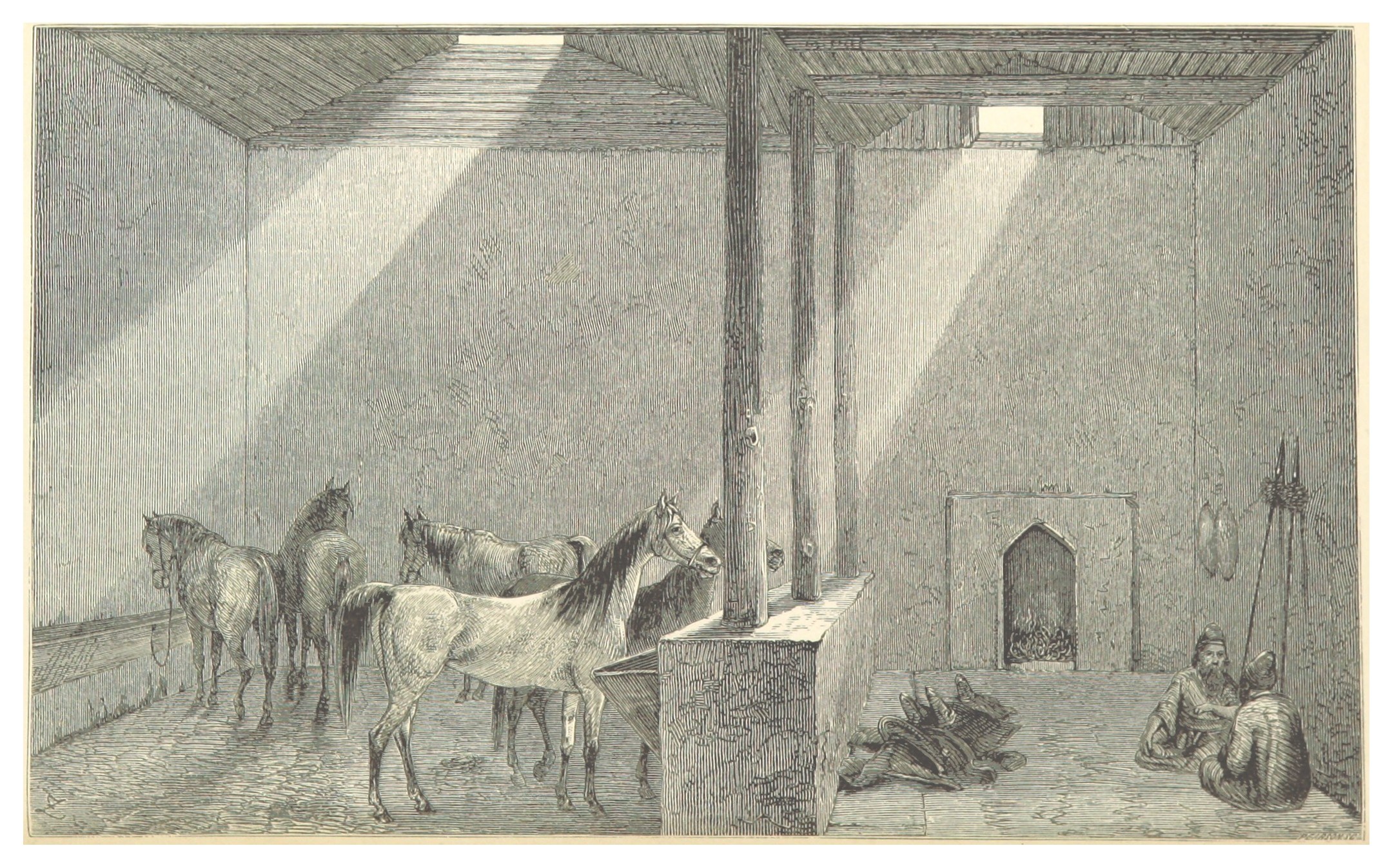 Eine bunte Zeichnung eines Raums mit zwei Pferden, zwei auf dem Boden sitzenden Personen und verschiedenen verstreuten Gegenständen, mit Text unten.