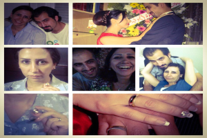 Ein Collage von Fotos, die einen Mann und eine Frau mit Eheringen an ihren Fingern zeigen, umgeben von Blumen und verschiedenen Gegenständen im Hintergrund.