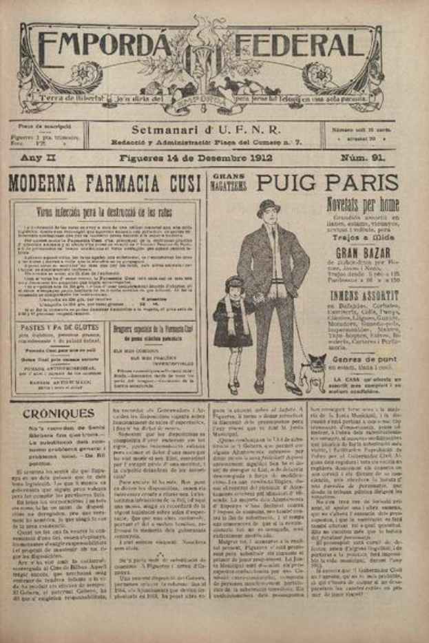 Eine 1912er Zeitungsvorderseite mit einem Mann im Anzug und einem Kind in einem Kleid, das nebeneinander steht, mit einem Schild-Logo mit einem Stern und fetter Schrift.
