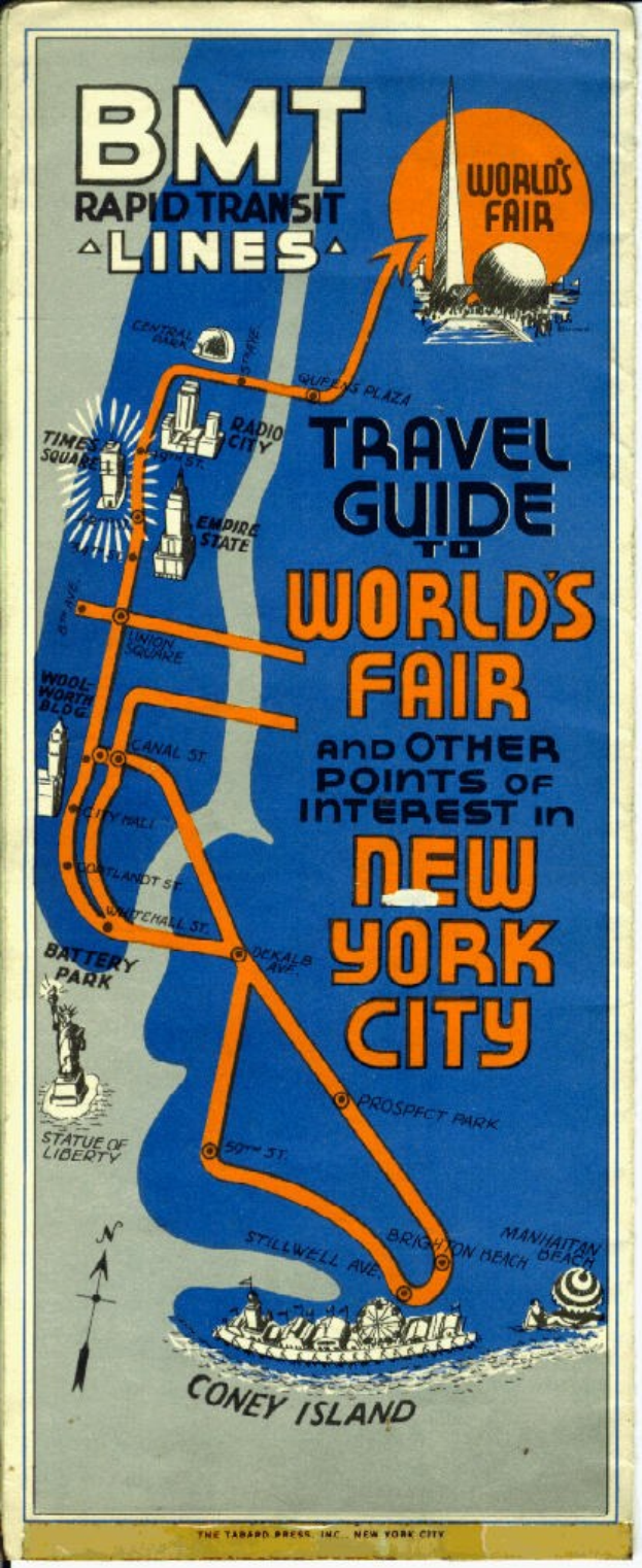Plakat mit einer Karte der Weltausstellung New York 1964-65 mit Textangaben zu Attraktionen und Ausstellungen.