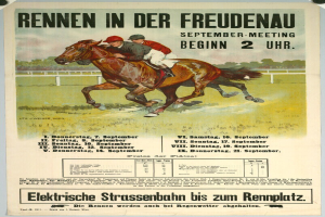 Plakat, das ein Pferderennen in Deutschland ankündigt, mit zwei Reitern auf Pferden im Vordergrund und Bäumen im Hintergrund und Text mit Renninformationen.