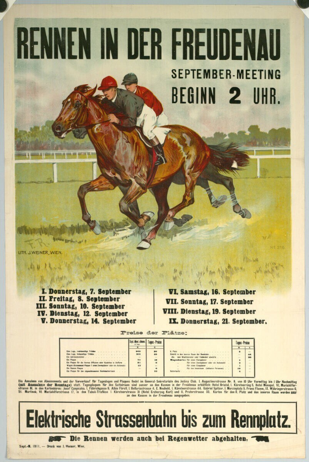 Plakat, das ein Pferderennen in Deutschland ankündigt, mit zwei Reitern auf Pferden im Vordergrund und Bäumen im Hintergrund und Text mit Renninformationen.