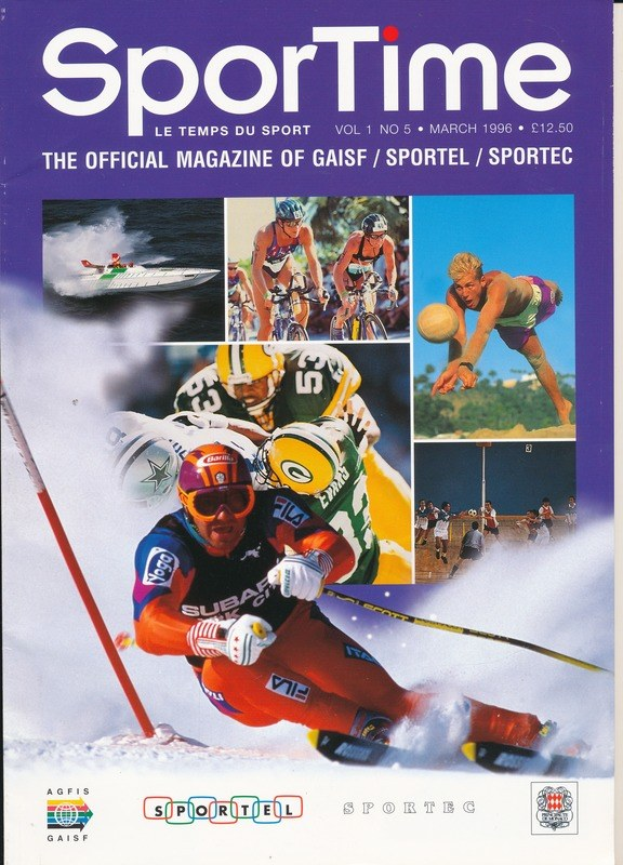 Titelbild von *Sporttime Magazine* (März 1996) mit Bildern von Skifahren und Snowboarden, Text und Logos.